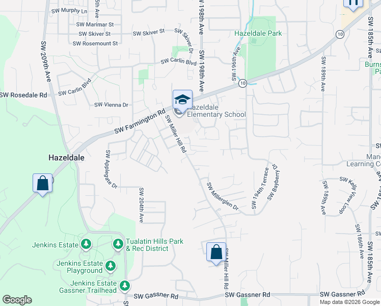 map of restaurants, bars, coffee shops, grocery stores, and more near Southwest Washington Drive in Beaverton