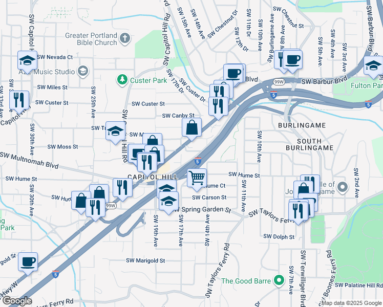 map of restaurants, bars, coffee shops, grocery stores, and more near 1515 Southwest Multnomah Boulevard in Portland