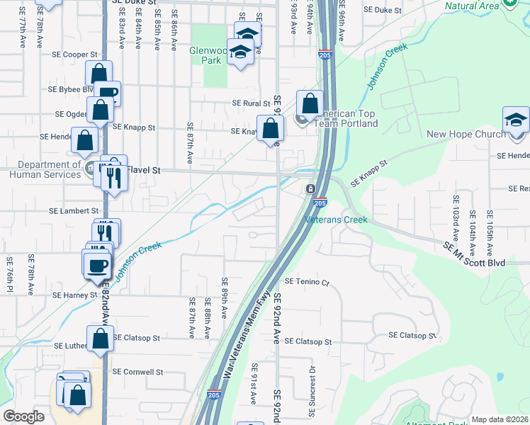 map of restaurants, bars, coffee shops, grocery stores, and more near 7823 Southeast 92nd Avenue in Portland
