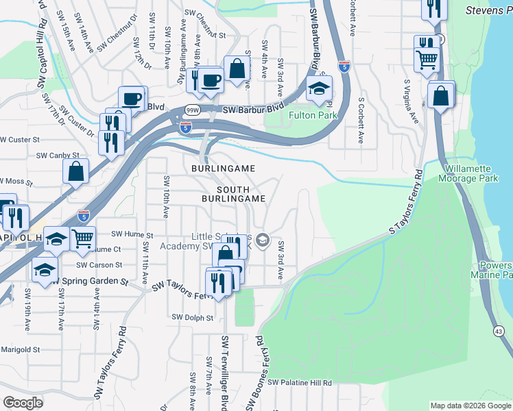 map of restaurants, bars, coffee shops, grocery stores, and more near 8014 Southwest 6th Avenue in Portland