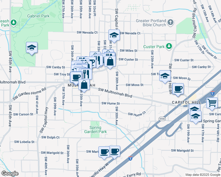 map of restaurants, bars, coffee shops, grocery stores, and more near 8023 Southwest 31st Avenue in Portland