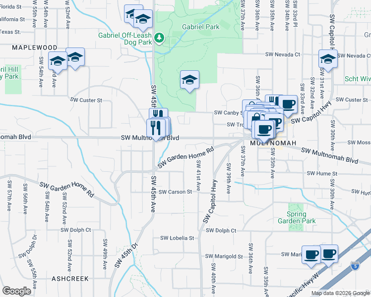 map of restaurants, bars, coffee shops, grocery stores, and more near 4221 Southwest Garden Home Road in Portland