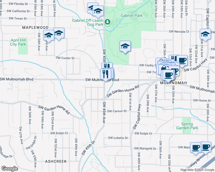 map of restaurants, bars, coffee shops, grocery stores, and more near 8010 Southwest 45th Avenue in Portland