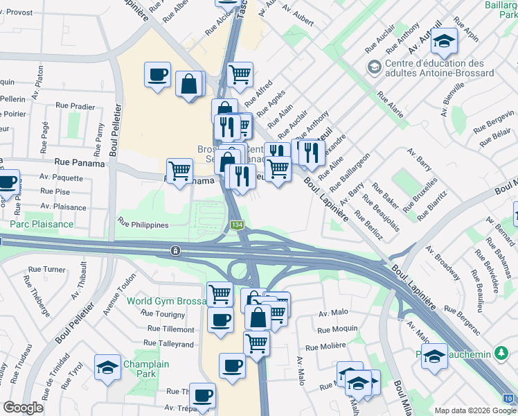 map of restaurants, bars, coffee shops, grocery stores, and more near 7005 Taschereau Boulevard in Brossard