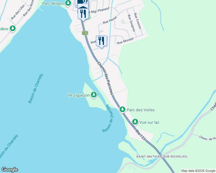 map of restaurants, bars, coffee shops, grocery stores, and more near 193 Chemin des Patriotes in Montérégie