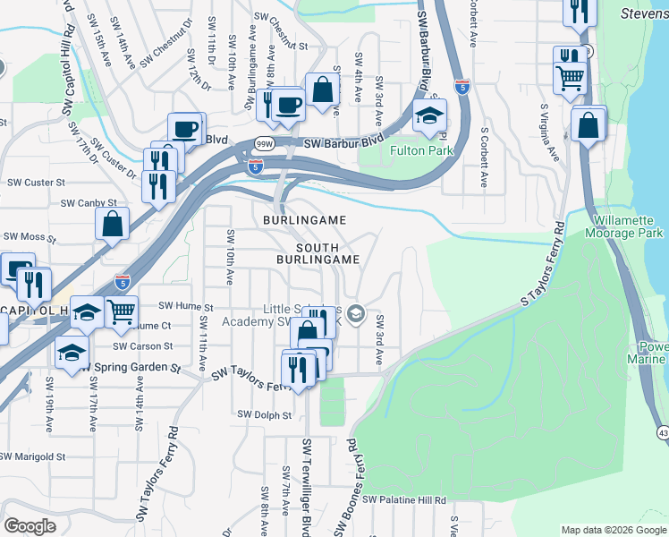 map of restaurants, bars, coffee shops, grocery stores, and more near Southwest Terwilliger Boulevard in Portland