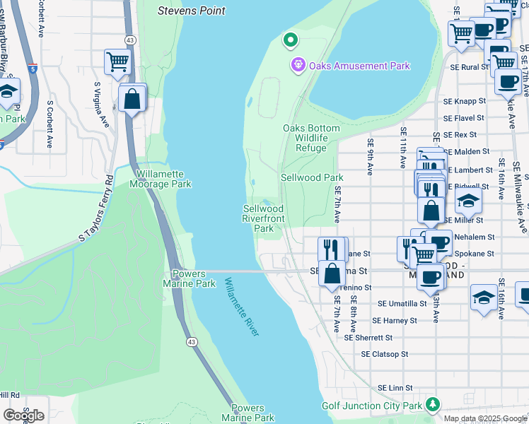 map of restaurants, bars, coffee shops, grocery stores, and more near 1221 Southeast Oaks Park Way in Portland