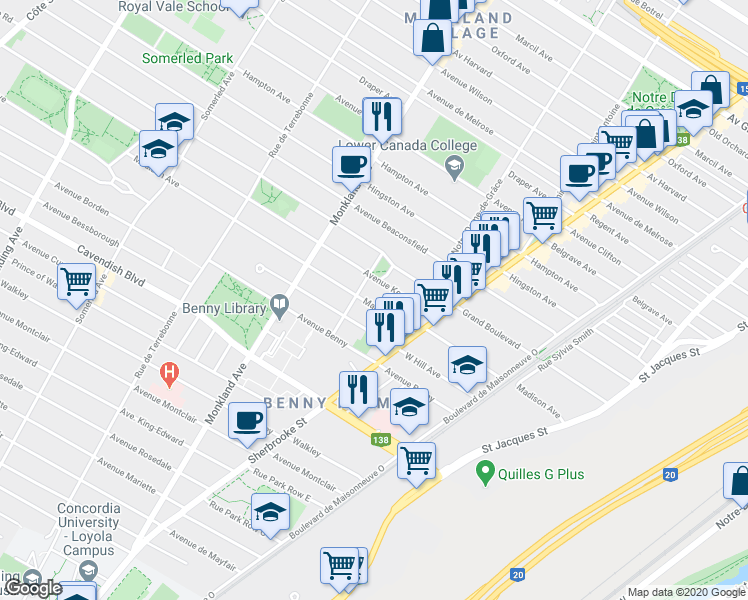 map of restaurants, bars, coffee shops, grocery stores, and more near 4097 Avenue Madison in Montréal