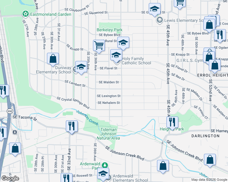 map of restaurants, bars, coffee shops, grocery stores, and more near 3737 Southeast Lexington Street in Portland