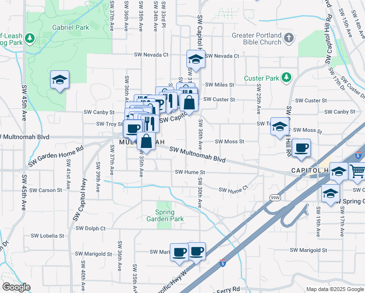 map of restaurants, bars, coffee shops, grocery stores, and more near 7927 Southwest 31st Avenue in Portland