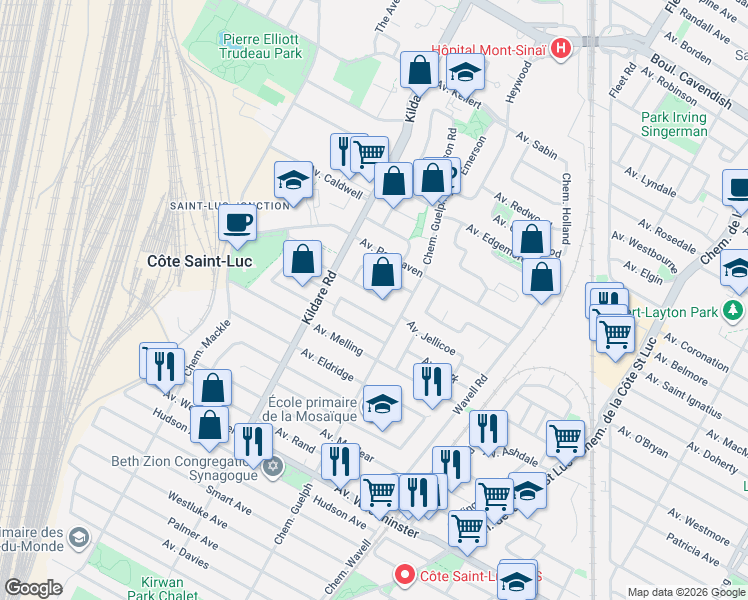 map of restaurants, bars, coffee shops, grocery stores, and more near 5722 Avenue Lockwood in Côte Saint-Luc
