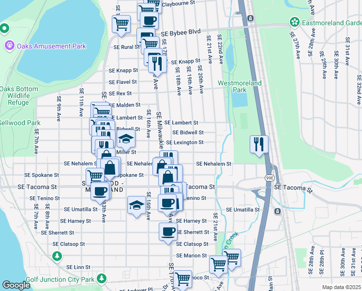 map of restaurants, bars, coffee shops, grocery stores, and more near 1807 Southeast Miller Street in Portland