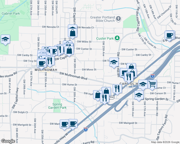 map of restaurants, bars, coffee shops, grocery stores, and more near 2731 Southwest Multnomah Boulevard in Portland