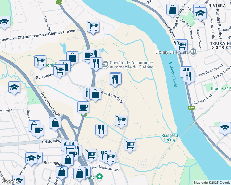 map of restaurants, bars, coffee shops, grocery stores, and more near in Gatineau