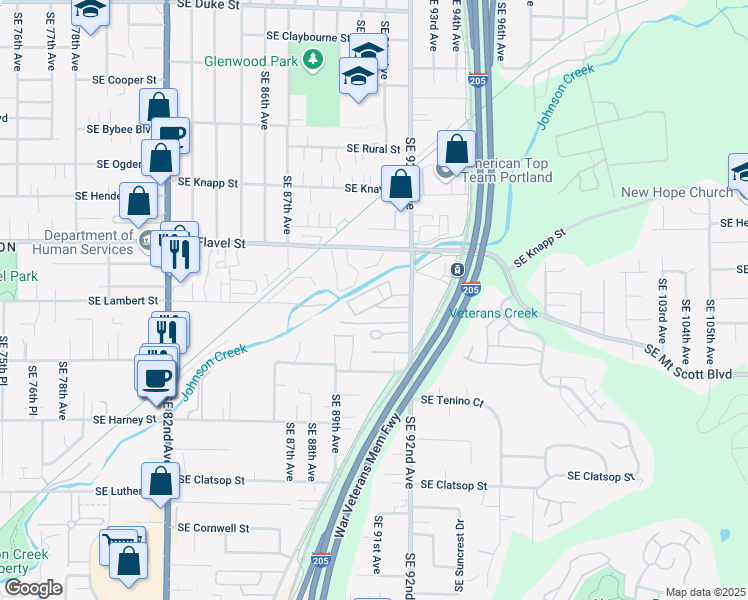 map of restaurants, bars, coffee shops, grocery stores, and more near 7823 Southeast 92nd Avenue in Portland