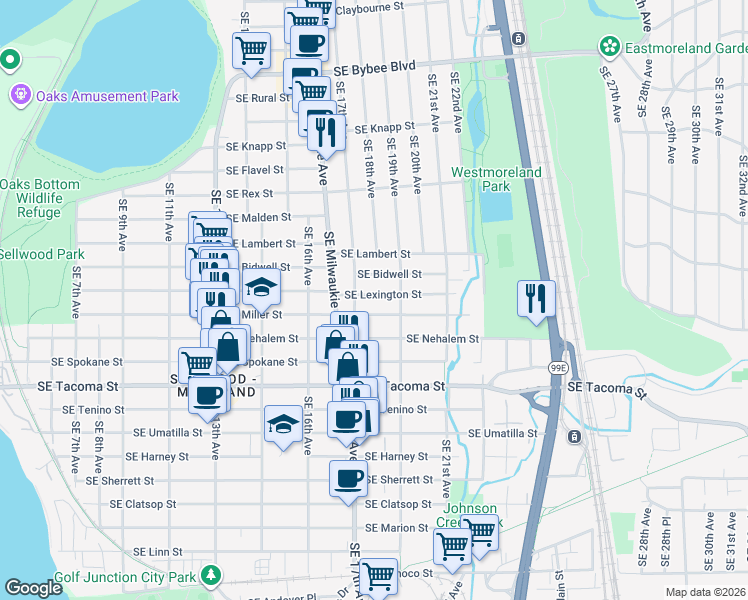 map of restaurants, bars, coffee shops, grocery stores, and more near 1807 Southeast Miller Street in Portland