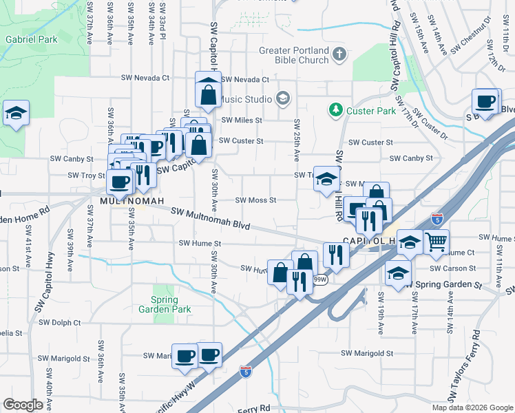 map of restaurants, bars, coffee shops, grocery stores, and more near 2731 Southwest Multnomah Boulevard in Portland