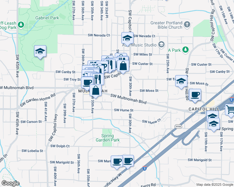 map of restaurants, bars, coffee shops, grocery stores, and more near 8023 Southwest 31st Avenue in Portland