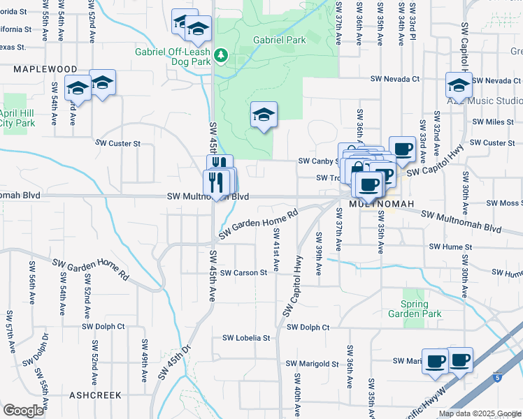 map of restaurants, bars, coffee shops, grocery stores, and more near 4107 Southwest Garden Home Road in Portland