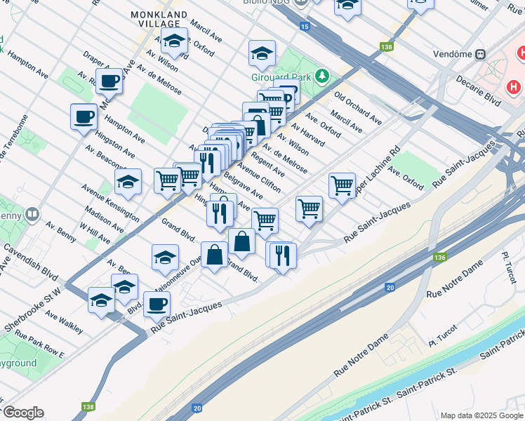 map of restaurants, bars, coffee shops, grocery stores, and more near 6037 Boulevard De Maisonneuve Ouest in Montreal