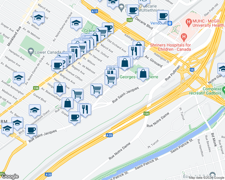 map of restaurants, bars, coffee shops, grocery stores, and more near 973 Regent Avenue in Montrã©Al
