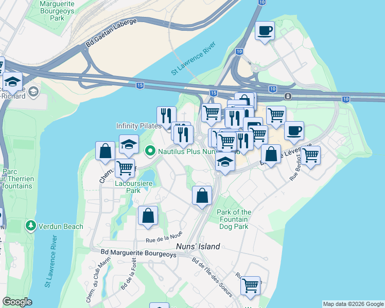 map of restaurants, bars, coffee shops, grocery stores, and more near 201 Chemin du Golf in Montréal