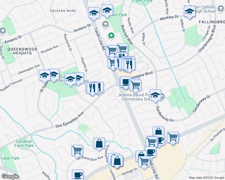 map of restaurants, bars, coffee shops, grocery stores, and more near in Ottawa