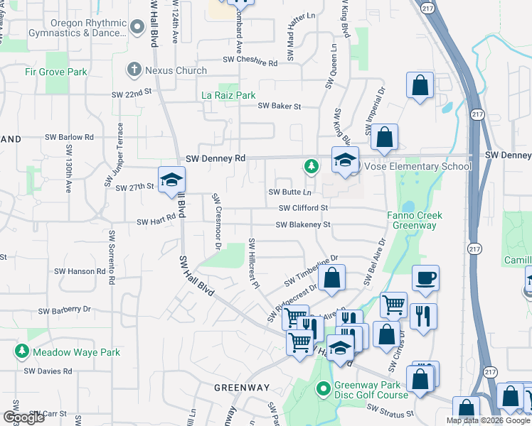 map of restaurants, bars, coffee shops, grocery stores, and more near 11820 Southwest Clifford Street in Beaverton