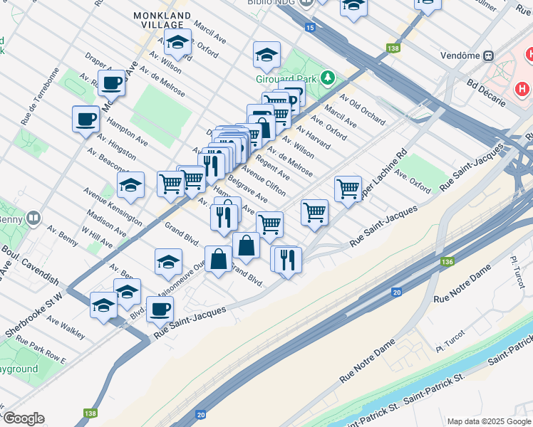 map of restaurants, bars, coffee shops, grocery stores, and more near 6037 Boulevard De Maisonneuve Ouest in Montreal