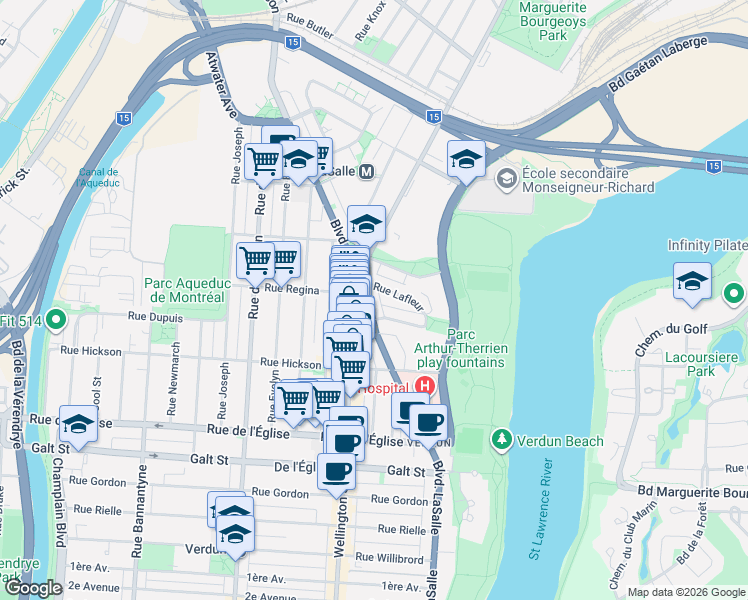 map of restaurants, bars, coffee shops, grocery stores, and more near 3692 Boulevard LaSalle in Montréal