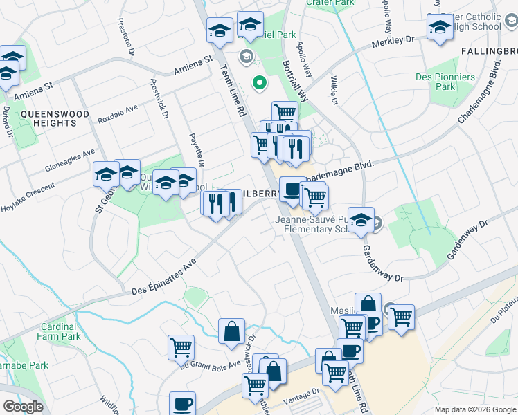map of restaurants, bars, coffee shops, grocery stores, and more near 1706 Lamoureux Drive in Ottawa