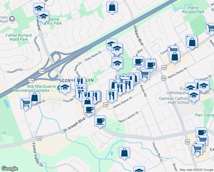 map of restaurants, bars, coffee shops, grocery stores, and more near 6242 A Sundown Crescent in Ottawa