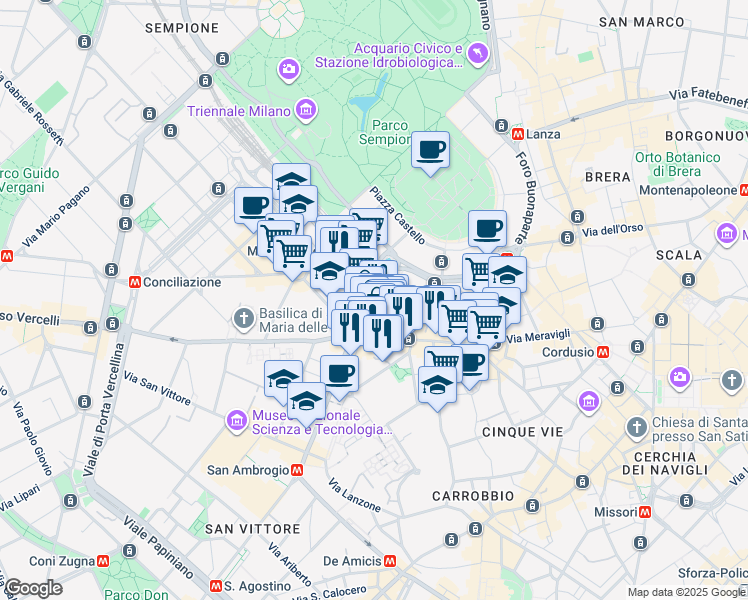 map of restaurants, bars, coffee shops, grocery stores, and more near 3 Via Giosuè Carducci in Milano