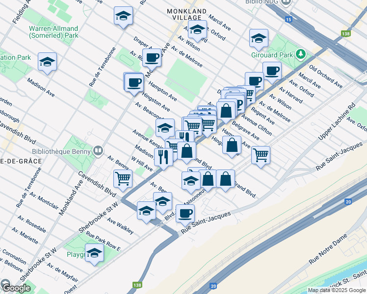 map of restaurants, bars, coffee shops, grocery stores, and more near in Montreal