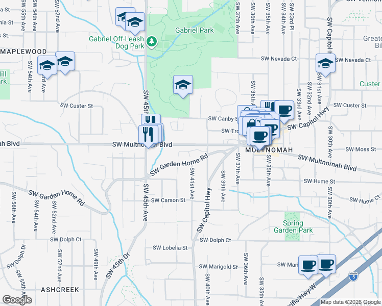 map of restaurants, bars, coffee shops, grocery stores, and more near 7937 Southwest 40th Avenue in Portland