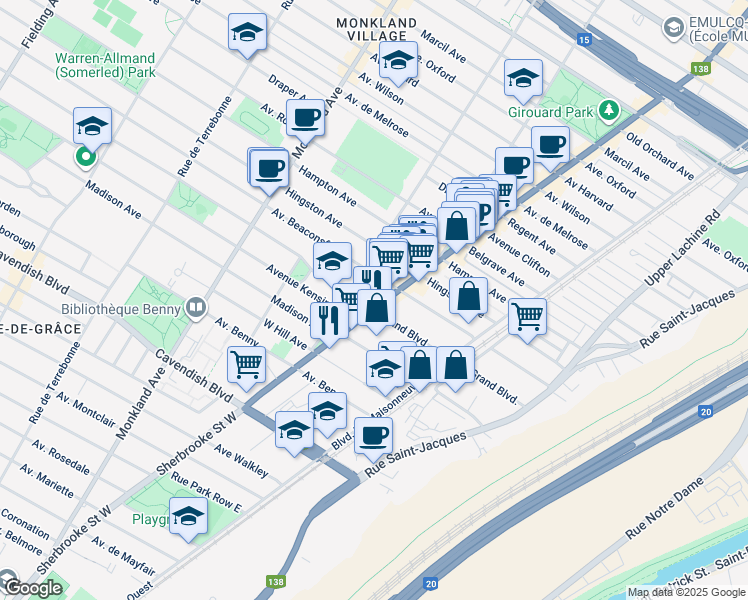 map of restaurants, bars, coffee shops, grocery stores, and more near in Montreal