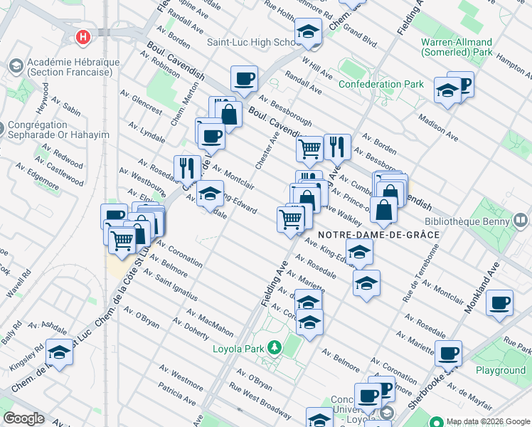 map of restaurants, bars, coffee shops, grocery stores, and more near 5217 Avenue King-Edward in Montréal