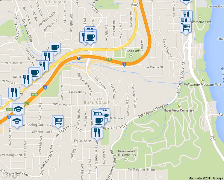 map of restaurants, bars, coffee shops, grocery stores, and more near 7955 Southwest 4th Avenue in Portland