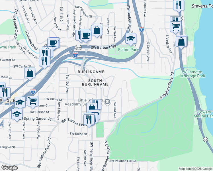 map of restaurants, bars, coffee shops, grocery stores, and more near 7955 Southwest 4th Avenue in Portland