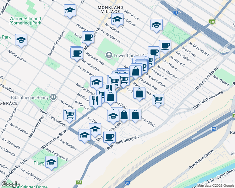 map of restaurants, bars, coffee shops, grocery stores, and more near 6156 Rue Sherbrooke Ouest in Montréal