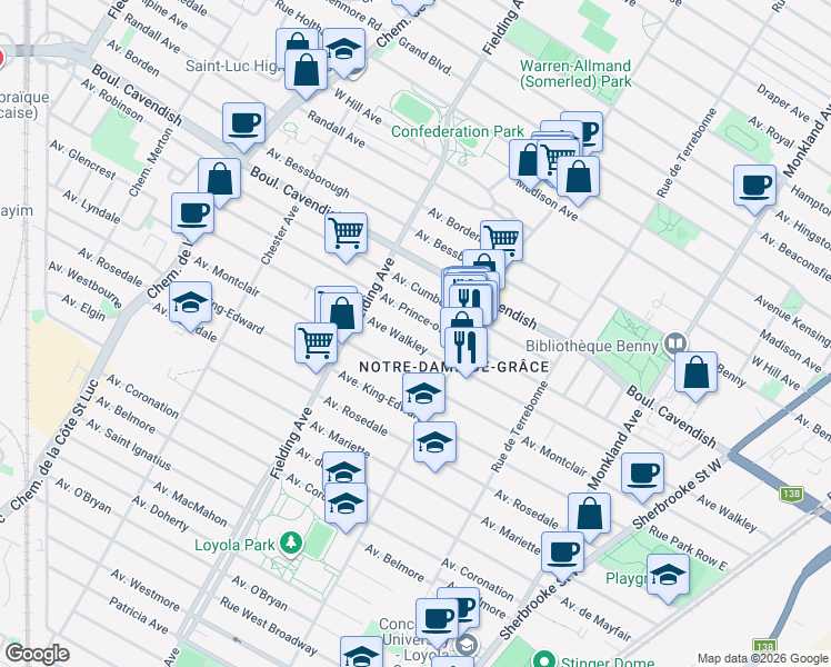 map of restaurants, bars, coffee shops, grocery stores, and more near 4915 Avenue Walkley in Montréal