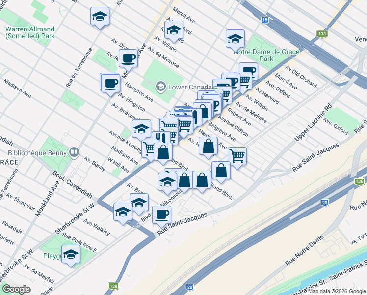 map of restaurants, bars, coffee shops, grocery stores, and more near 2365 Avenue Beaconsfield in Montrã©Al