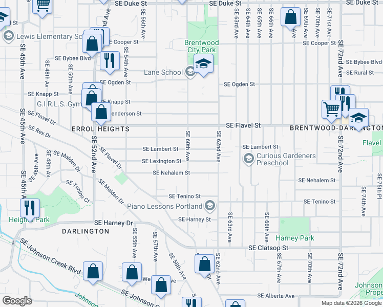 map of restaurants, bars, coffee shops, grocery stores, and more near 5936 Southeast Lexington Street in Portland