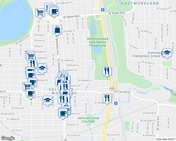 map of restaurants, bars, coffee shops, grocery stores, and more near 7928 Southeast 21st Avenue in Portland
