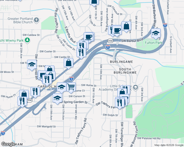 map of restaurants, bars, coffee shops, grocery stores, and more near 8026 Southwest 11th Avenue in Portland