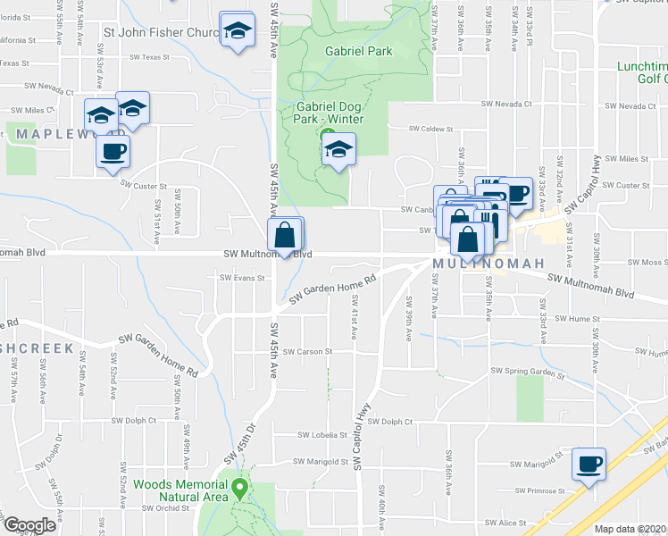 map of restaurants, bars, coffee shops, grocery stores, and more near 4221 Southwest Garden Home Road in Portland