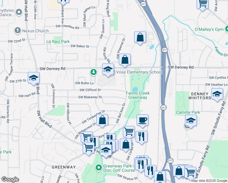 map of restaurants, bars, coffee shops, grocery stores, and more near 11295 Southwest Blakeney Street in Beaverton