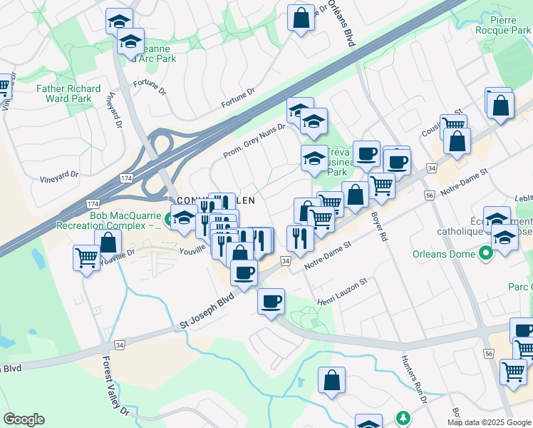 map of restaurants, bars, coffee shops, grocery stores, and more near in Ottawa