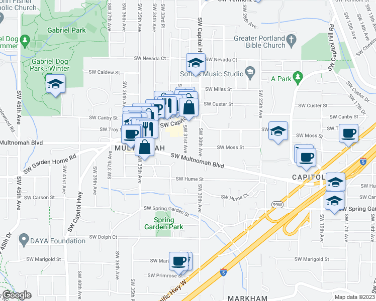 map of restaurants, bars, coffee shops, grocery stores, and more near 7940 Southwest 31st Avenue in Portland