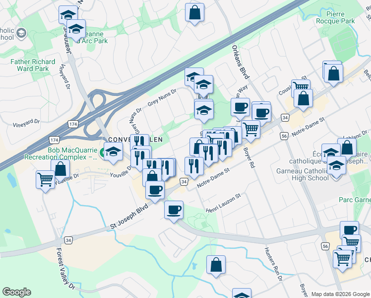 map of restaurants, bars, coffee shops, grocery stores, and more near 6268 Steamer Lane in Ottawa